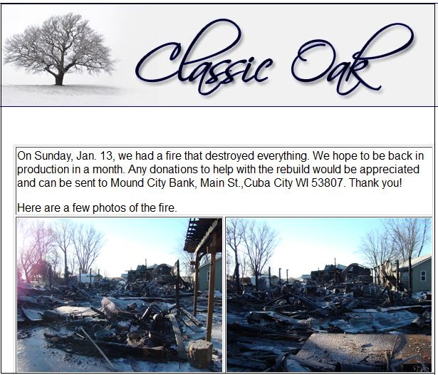 Classic Oak Furniture Woodshop Destroyed by Fire