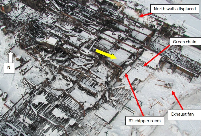 Aerial photograph of the east side of the Babine sawmill. The large yellow arrow indicates the easterly direction of the explosion’s
expansion from the point of origin. Source: WorkSafeBC incident report, January 2012. 