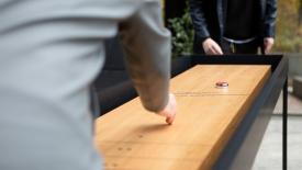 Union Wood Co solid oak surface shuffleboard table